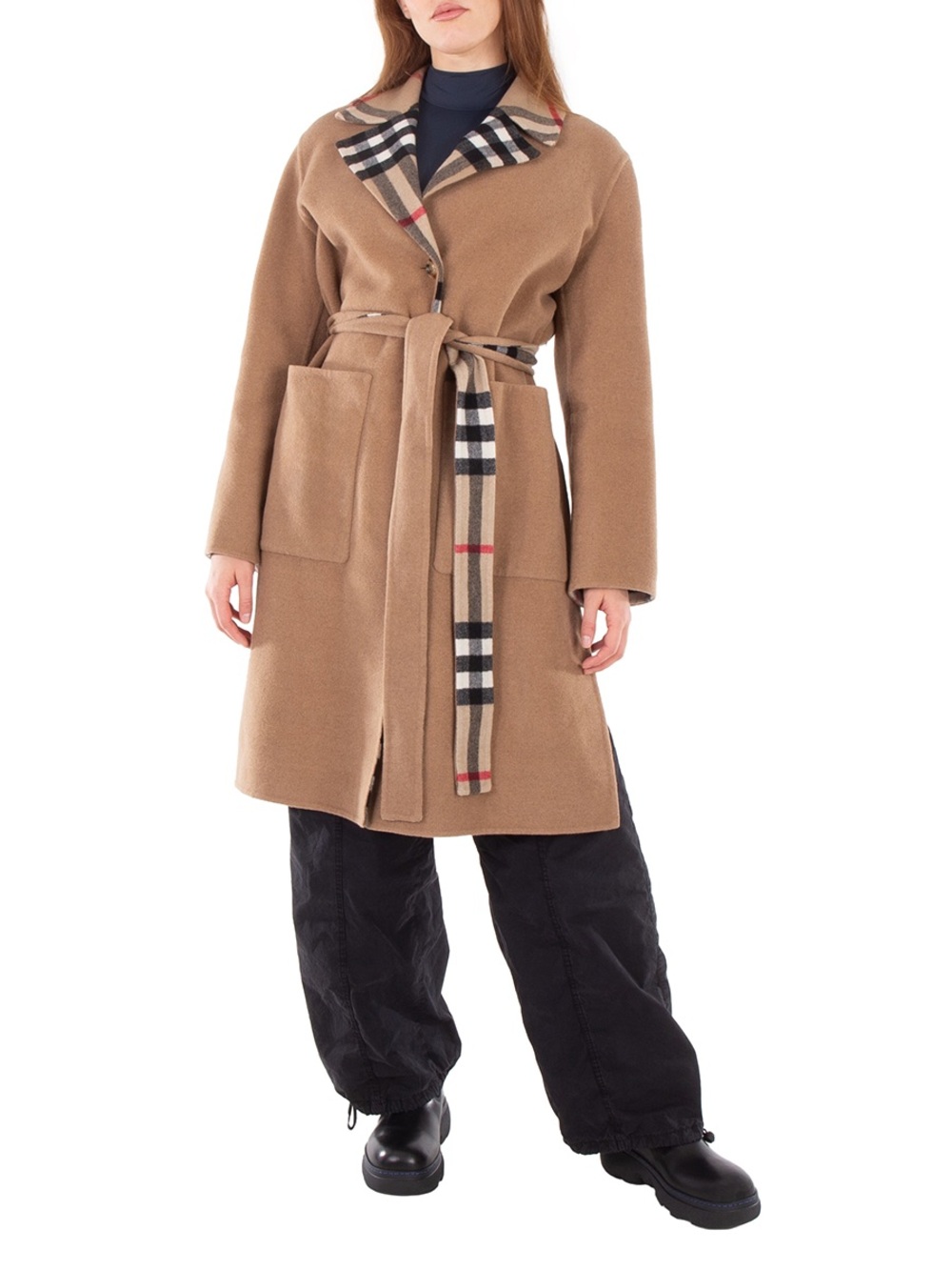 Burberry Camel Tan Wool Belted Coat with Iconic Check Trim